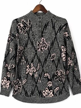 Vintage 80s American Line Floral Argyle Knit Sweater Pink Gray S